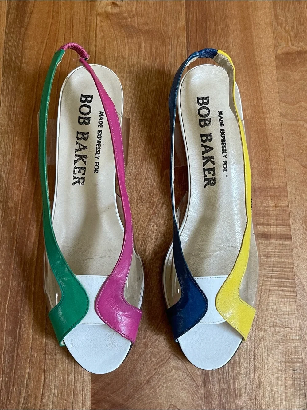 Vintage Bob Baker Slingback Low Wedge Sandals Clear Color Block Leather Size 7